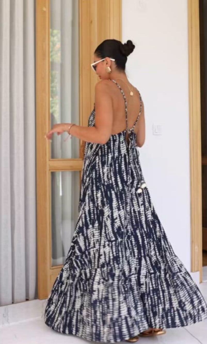 Zara Tie-Dye Printed Boho Beaded Straps Flowy Maxi Dress Women's Size Large